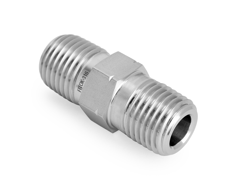 316 SS, FITOK 6 Series Pipe Fitting, Hex Nipple, 3/4 Male NPT × 3/4 Male ISO Tapered Thread(RT)